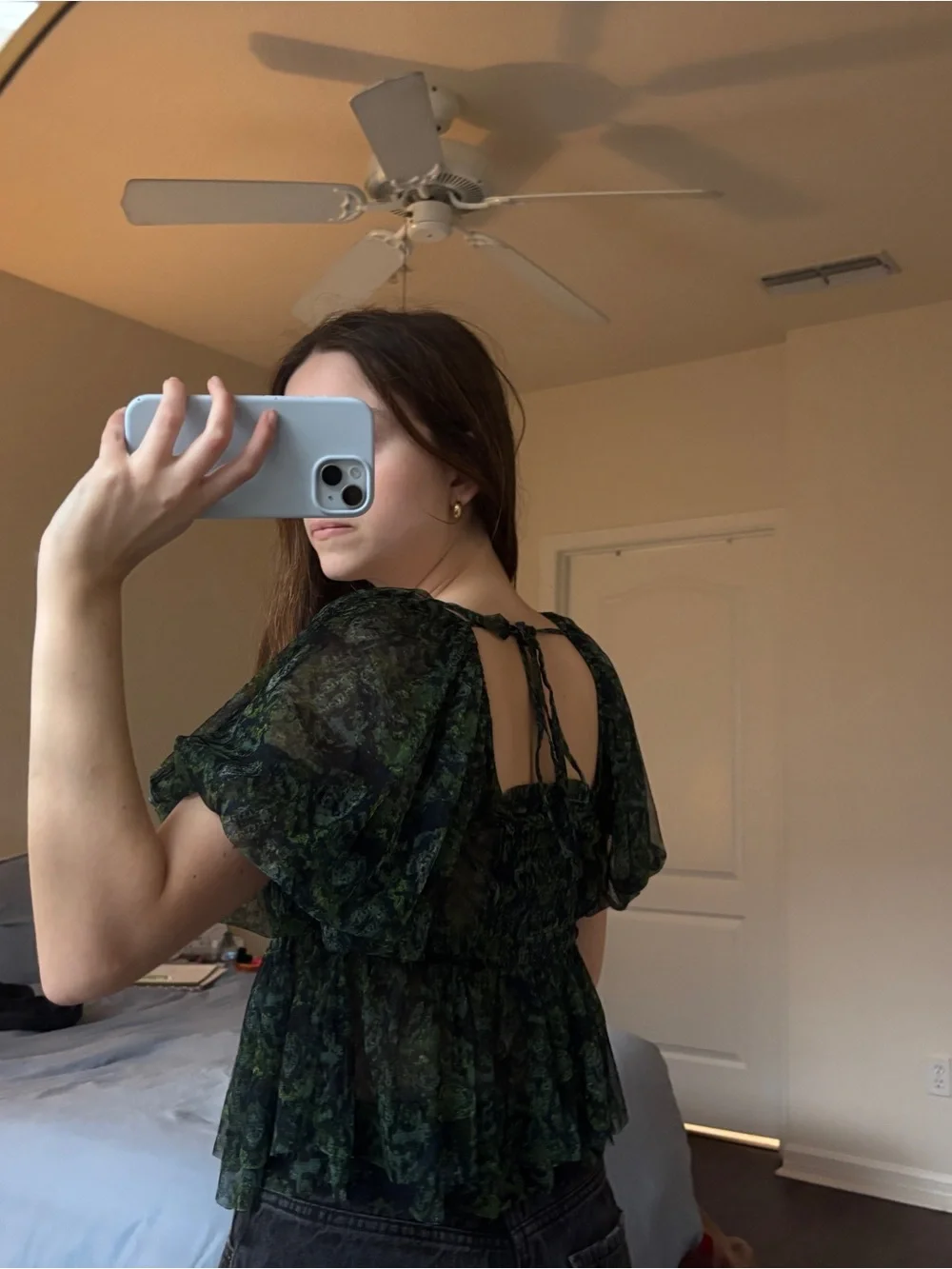 Free People Dark Green Sheer Floral Square-Neck Peplum Blouse